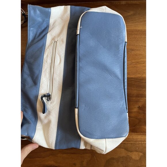 Angel Barcelo Nautical Stripes Tote Bag In Blue & White Pebbled Leather - Picture 9 of 9